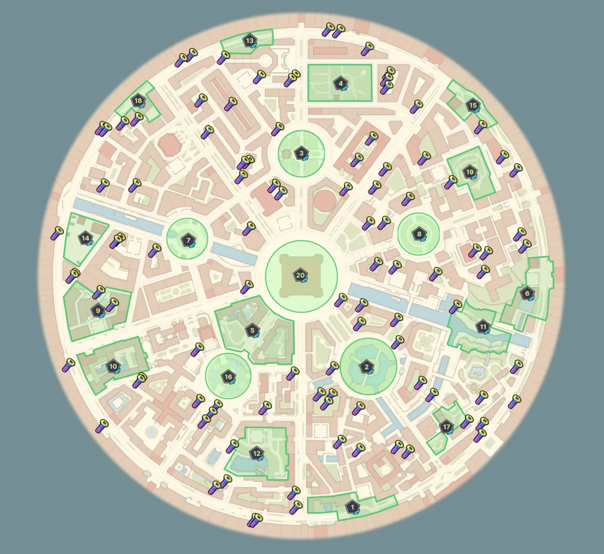 Lumiose City map with all 100 Colorful Screws and 20 Wild Zones marked